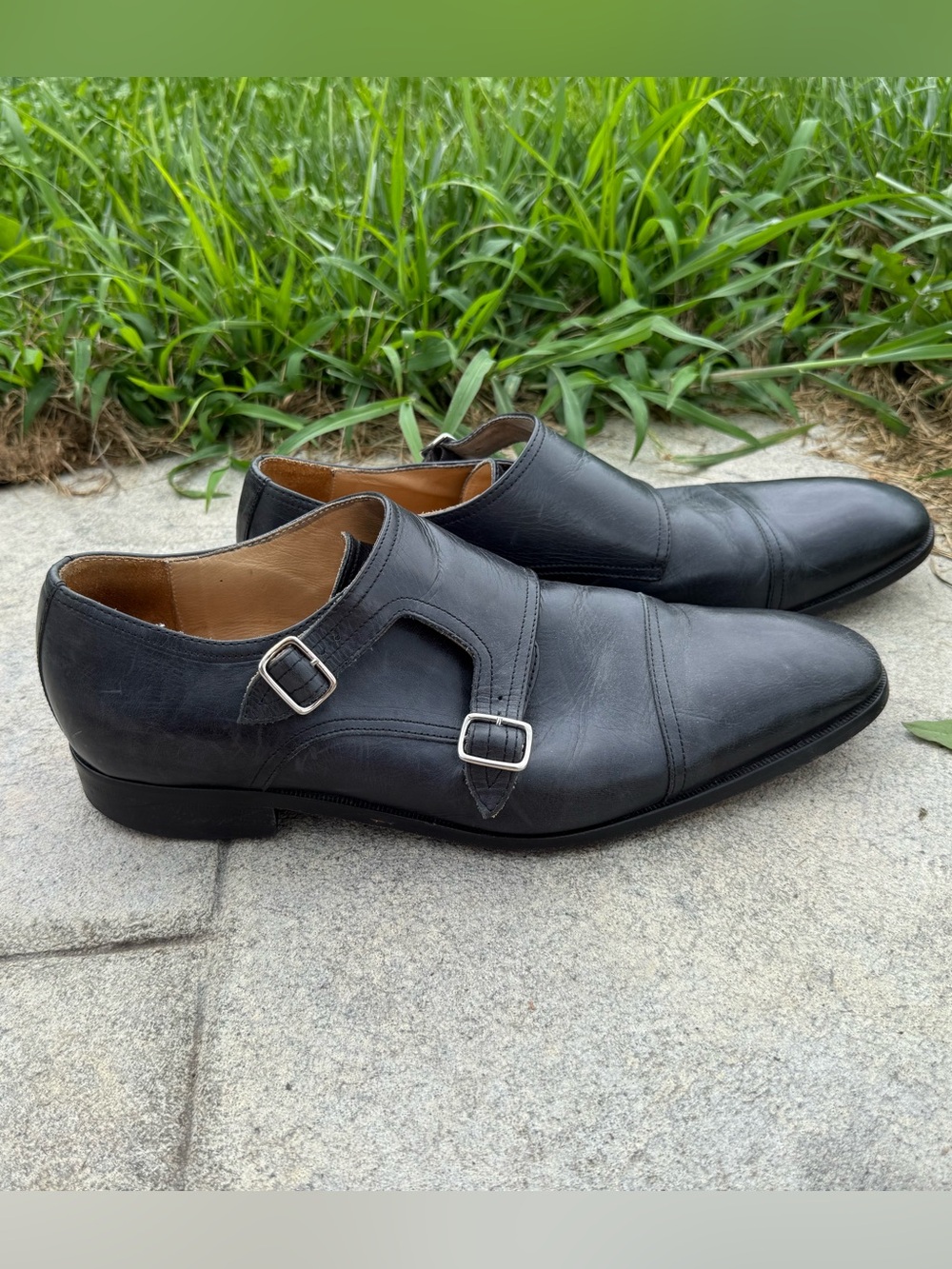 Mercanti Fiorentini double monk leather slip on size 11 black two buckles